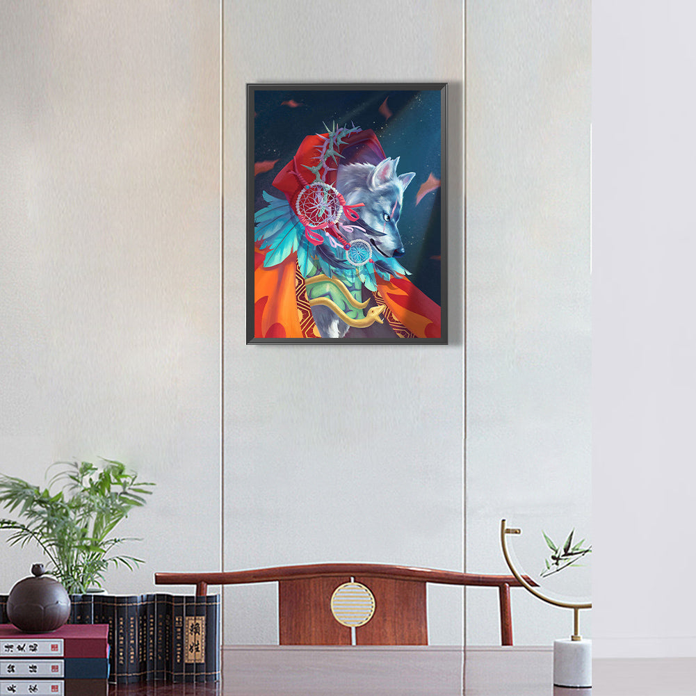 Wolf Rider Wearing A Dream Catcher - Full Round Drill Diamond Painting 30*40CM