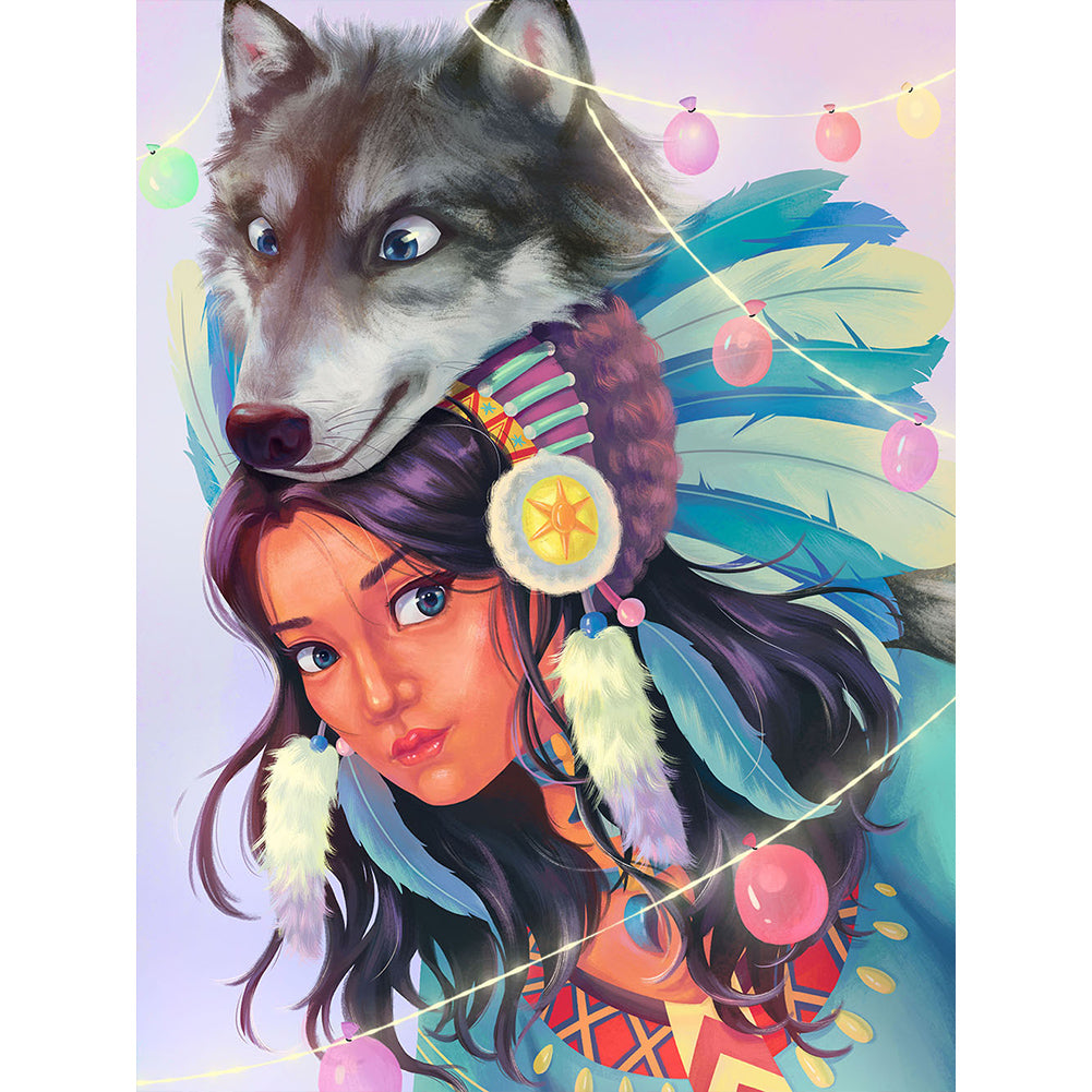 Indian And Wolf - Full Round Drill Diamond Painting 30*40CM