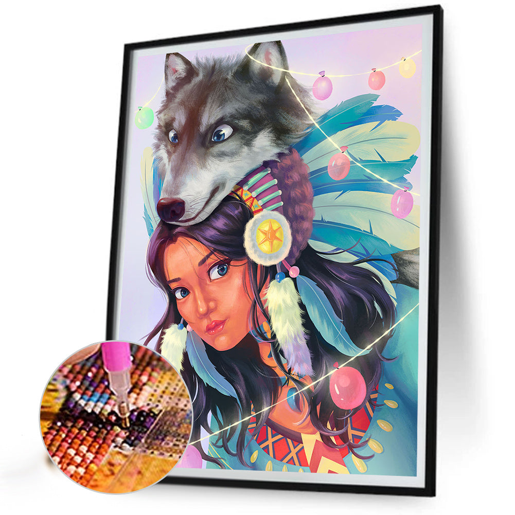 Indian And Wolf - Full Round Drill Diamond Painting 30*40CM