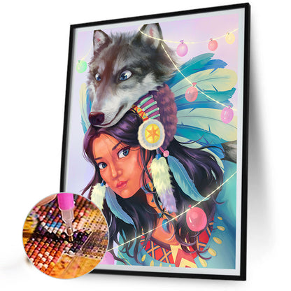 Indian And Wolf - Full Round Drill Diamond Painting 30*40CM