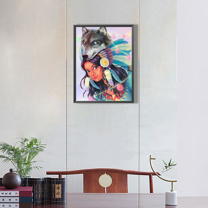 Indian And Wolf - Full Round Drill Diamond Painting 30*40CM