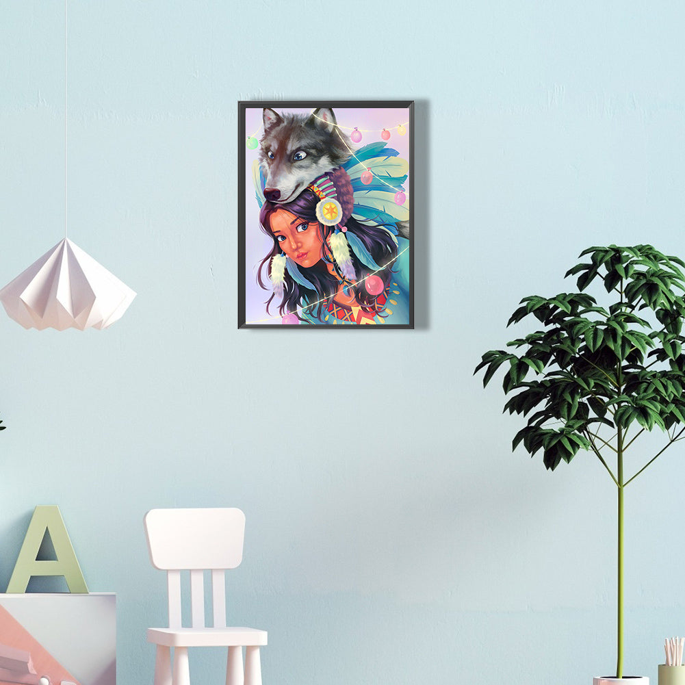 Indian And Wolf - Full Round Drill Diamond Painting 30*40CM