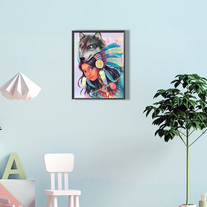 Indian And Wolf - Full Round Drill Diamond Painting 30*40CM