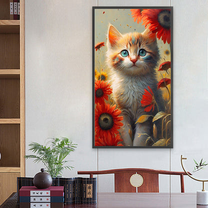 Cat Sitting Among Flowers 40*70Ccm(canvas) full round drill diamond painting