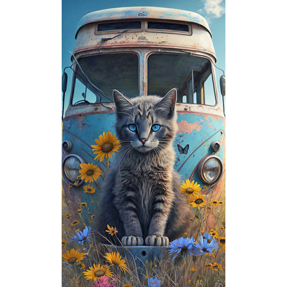 Cat Sitting In Front Of Abandoned Bus 40*70Ccm(canvas) full round drill diamond painting