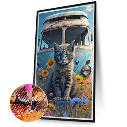 Cat Sitting In Front Of Abandoned Bus 40*70Ccm(canvas) full round drill diamond painting