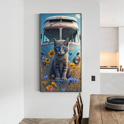 Cat Sitting In Front Of Abandoned Bus 40*70Ccm(canvas) full round drill diamond painting