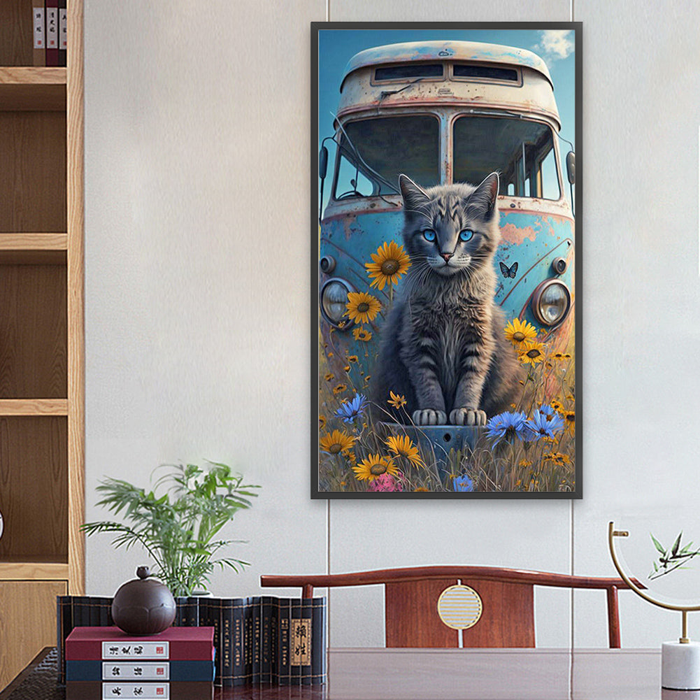 Cat Sitting In Front Of Abandoned Bus 40*70Ccm(canvas) full round drill diamond painting