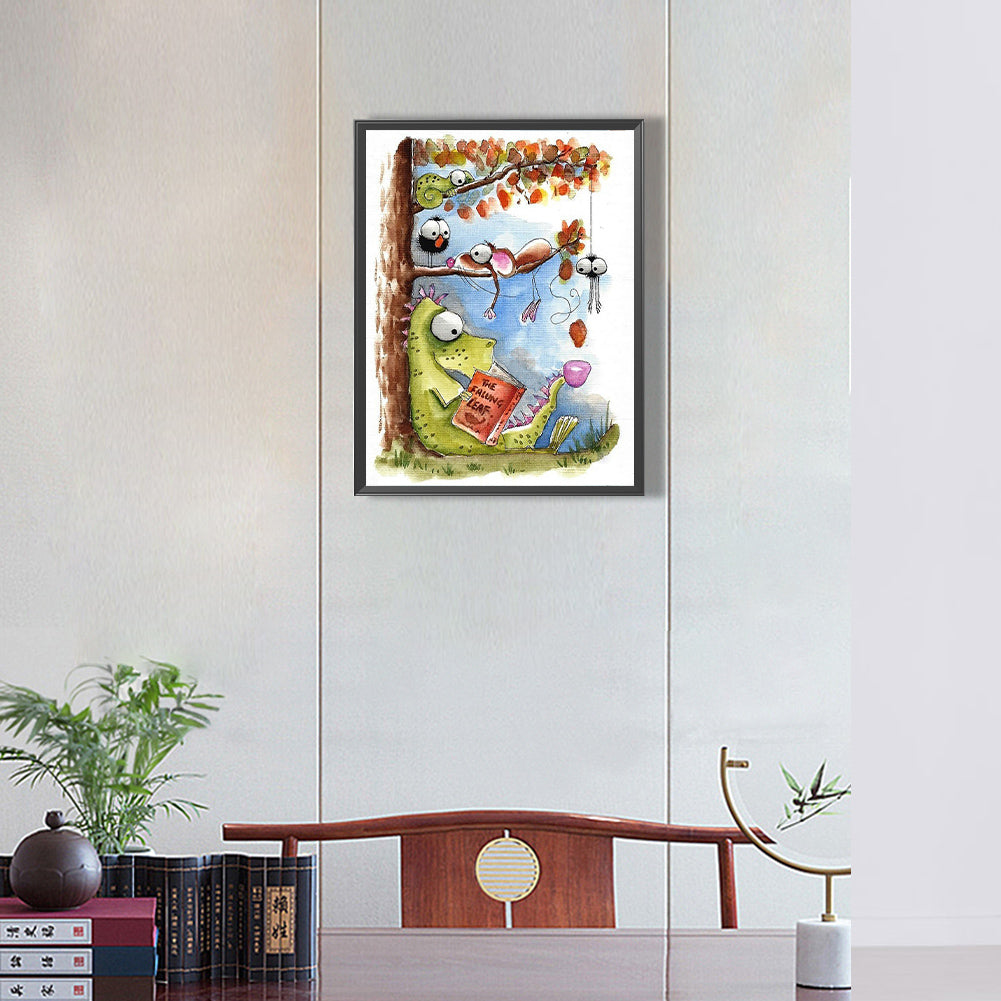 The Dinosaur Reading Under The Tree And His Partner Waiting On The Tree 30*40Ccm(canvas) full round drill diamond painting