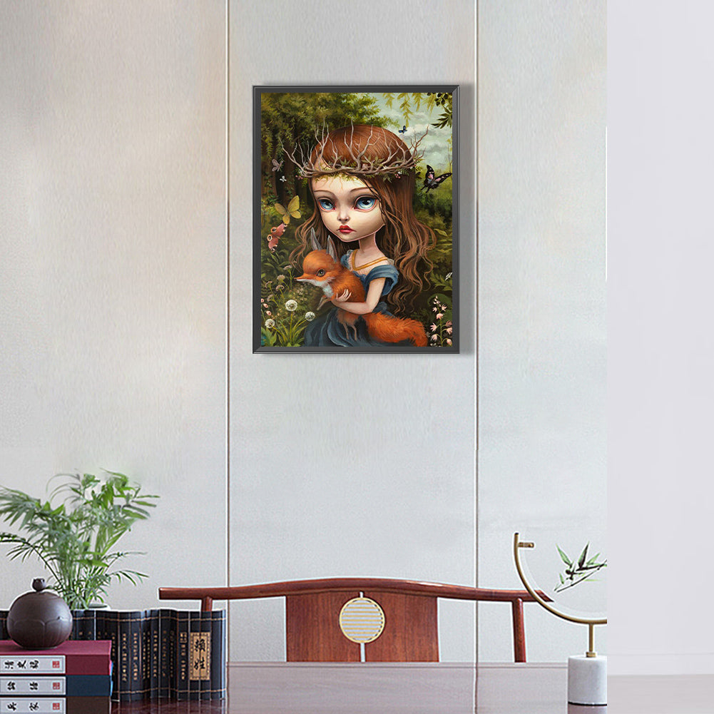 Girl Holding A Fox 30*40Ccm(canvas) full round drill diamond painting