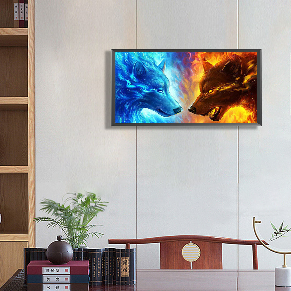 Ice Fire Wolf - Full Round Drill Diamond Painting 80*40CM