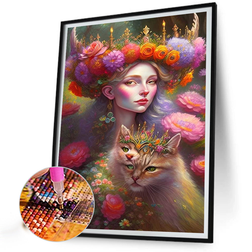 Flower Fairy And Cat - Full Round Drill Diamond Painting 30*40CM