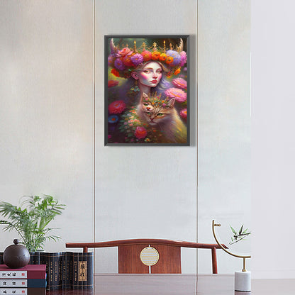 Flower Fairy And Cat - Full Round Drill Diamond Painting 30*40CM