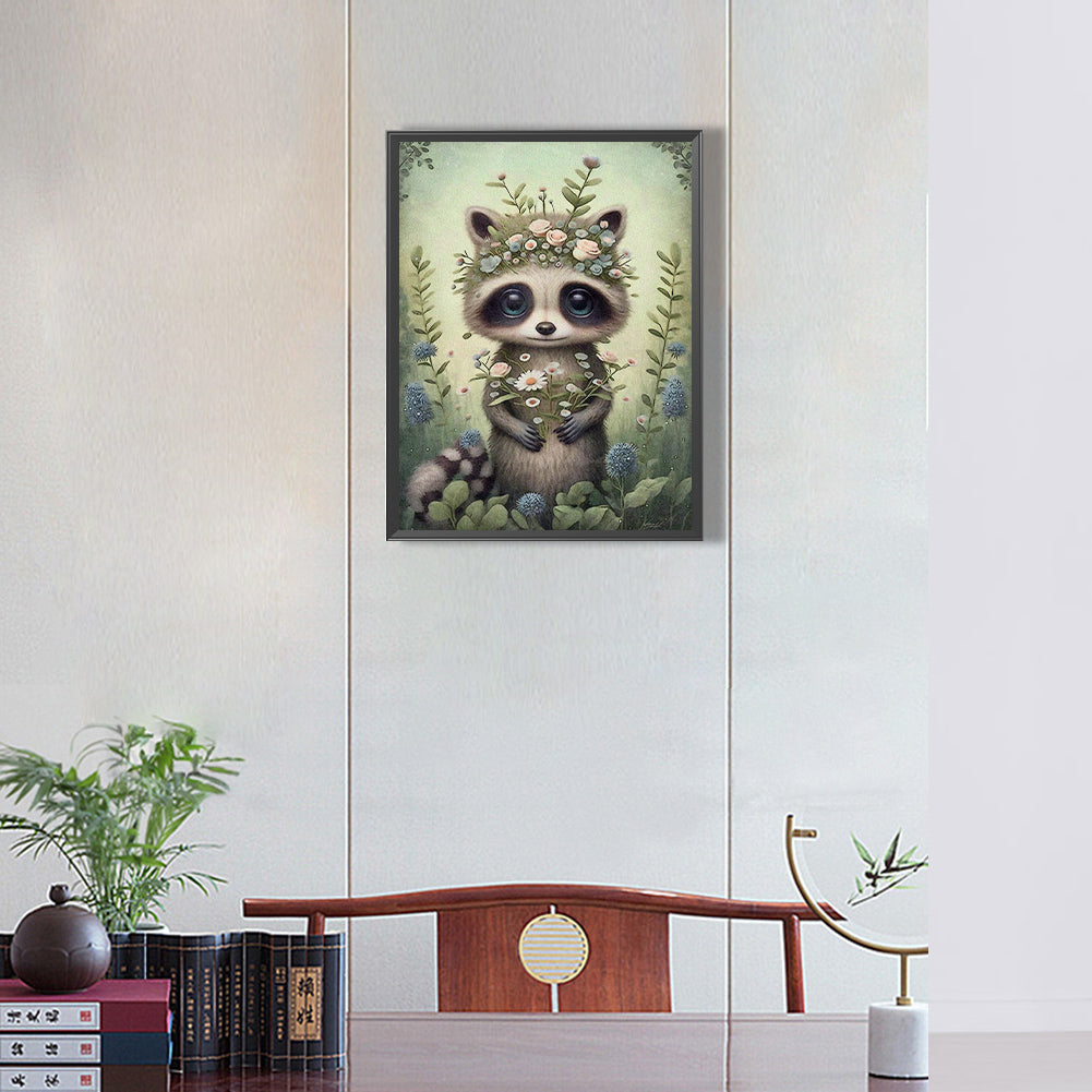 Raccoon With Flower - Full Round Drill Diamond Painting 30*40CM