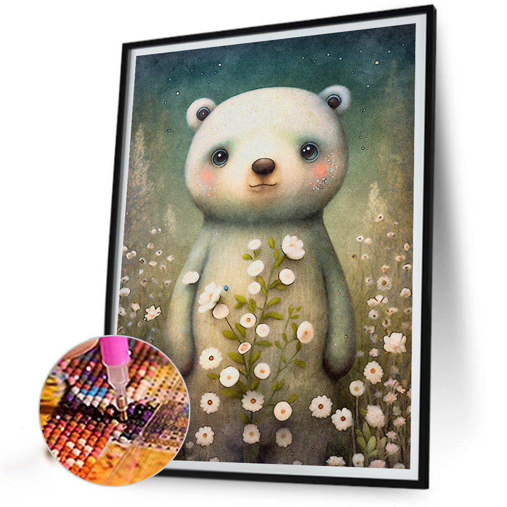 Little White Bear In Flowers - Full Round Drill Diamond Painting 30*40CM