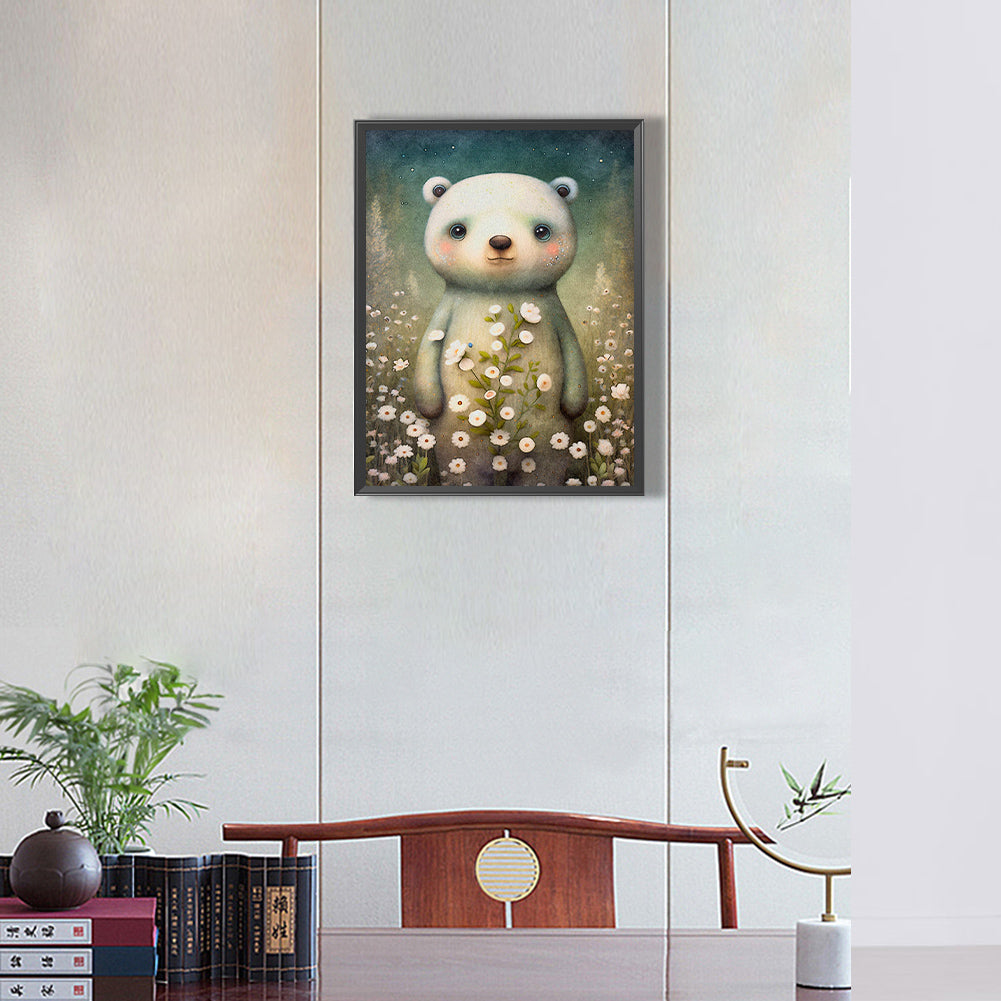 Little White Bear In Flowers - Full Round Drill Diamond Painting 30*40CM