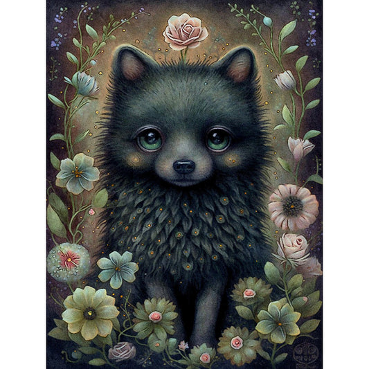 Little Black Dog In Flowers - Full Round Drill Diamond Painting 30*40CM