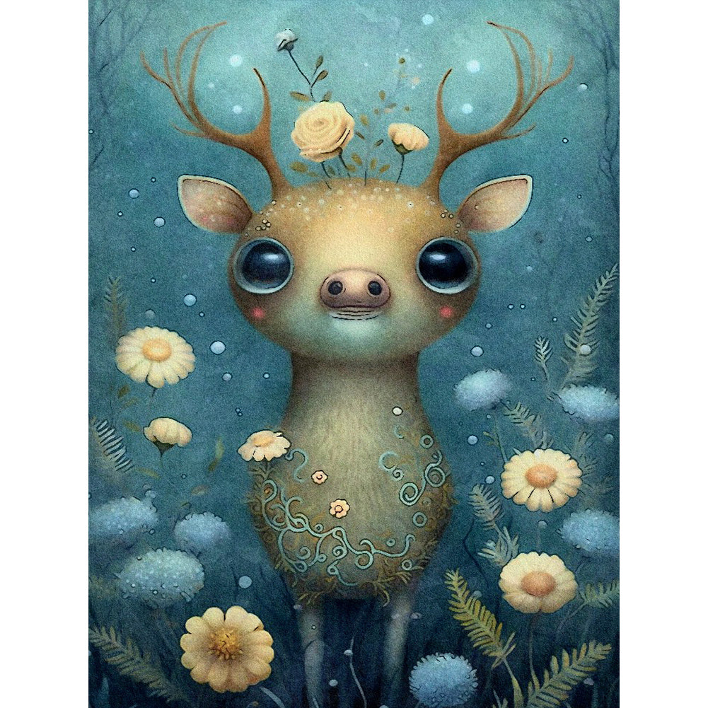 Deer In Flowers - Full Round Drill Diamond Painting 30*40CM