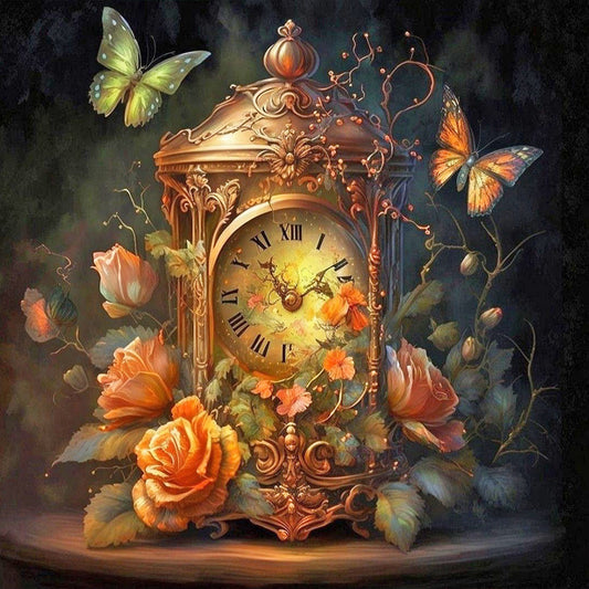 Flowers And Butterflies Clock - Full Round Drill Diamond Painting 30*30CM