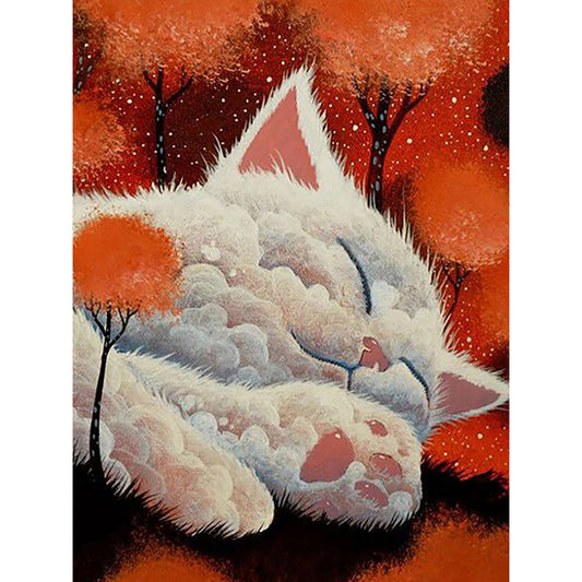 Cat Fairy Taking A Nap On A Red Tree - Full Round Drill Diamond Painting 30*40CM