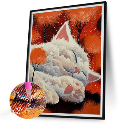 Cat Fairy Taking A Nap On A Red Tree - Full Round Drill Diamond Painting 30*40CM