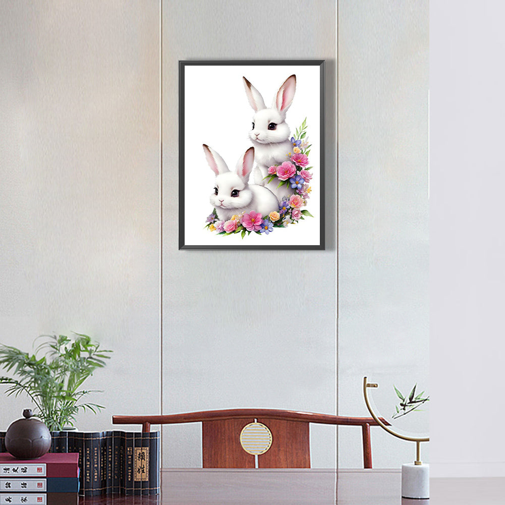 Two Little White Rabbits Among Flowers - Full Round Drill Diamond Painting 30*40CM
