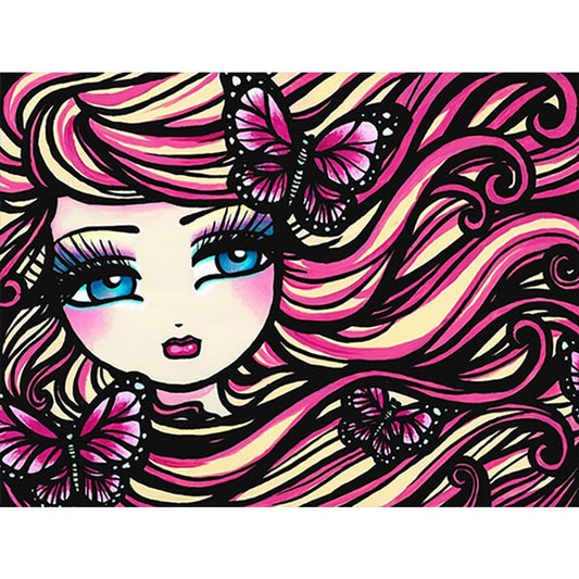 Pink Curly Hair Cartoon Girl Cartoon Series - Full Round Drill Diamond Painting 40*30CM