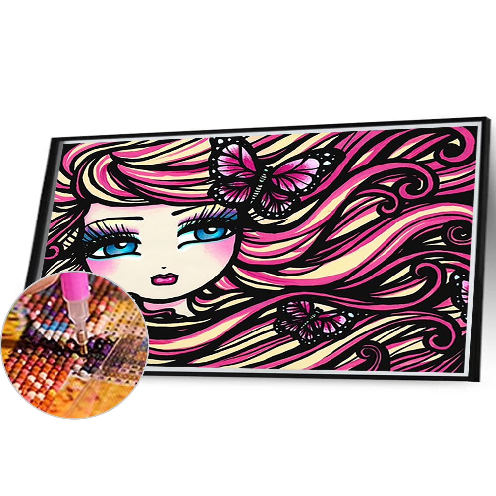 Pink Curly Hair Cartoon Girl Cartoon Series - Full Round Drill Diamond Painting 40*30CM