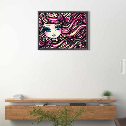 Pink Curly Hair Cartoon Girl Cartoon Series - Full Round Drill Diamond Painting 40*30CM