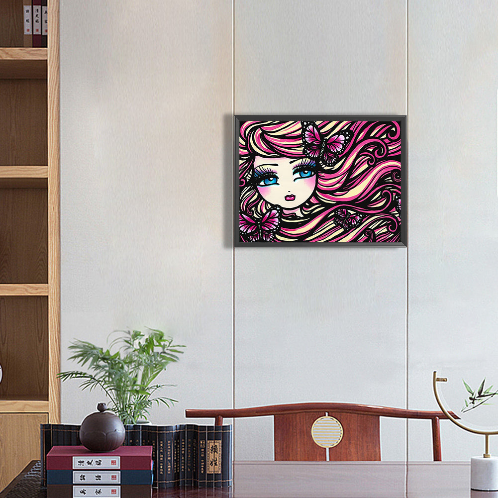 Pink Curly Hair Cartoon Girl Cartoon Series - Full Round Drill Diamond Painting 40*30CM