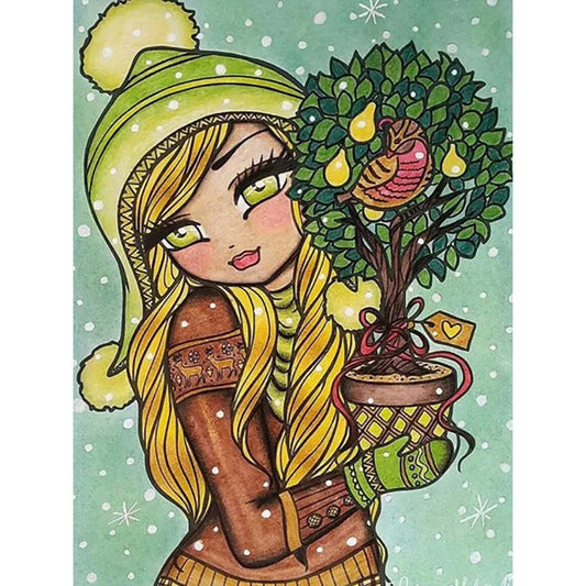 Girl Giving Flower Pots In Snow Season - Full Round Drill Diamond Painting 30*40CM