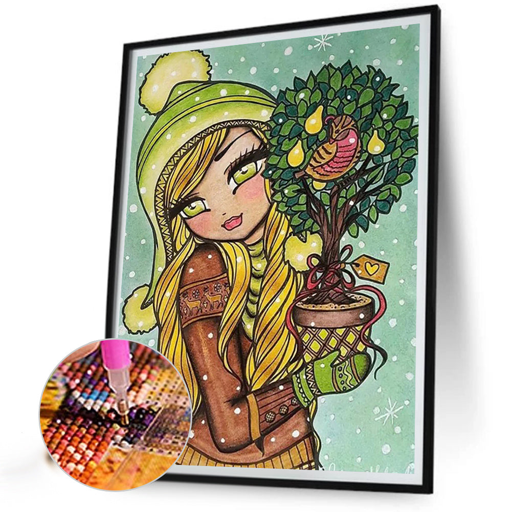 Girl Giving Flower Pots In Snow Season - Full Round Drill Diamond Painting 30*40CM