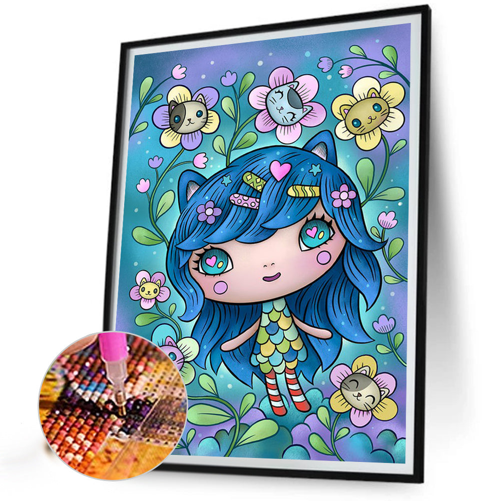 Cartoon Girl With Curly Hair - Full Round Drill Diamond Painting 30*40CM