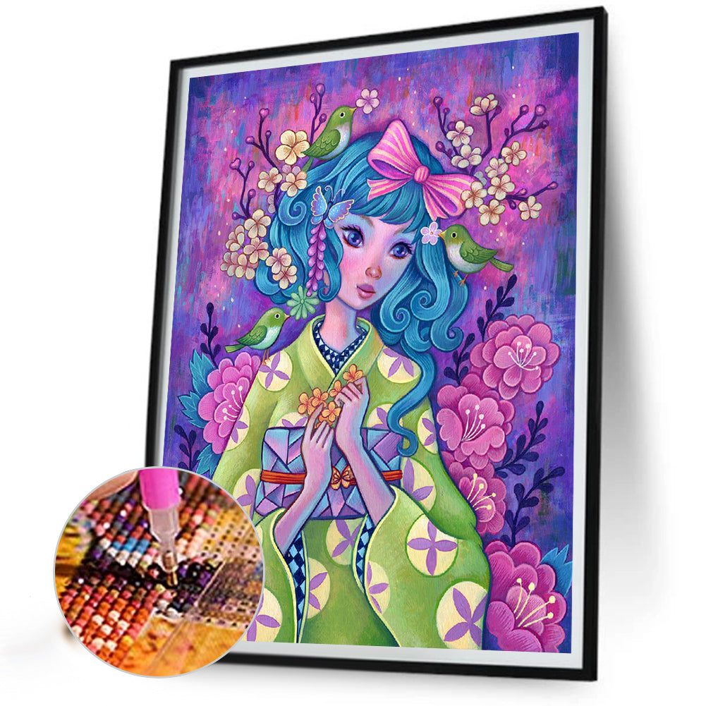 Cartoon Girl With Curly Hair - Full Round Drill Diamond Painting 30*40CM