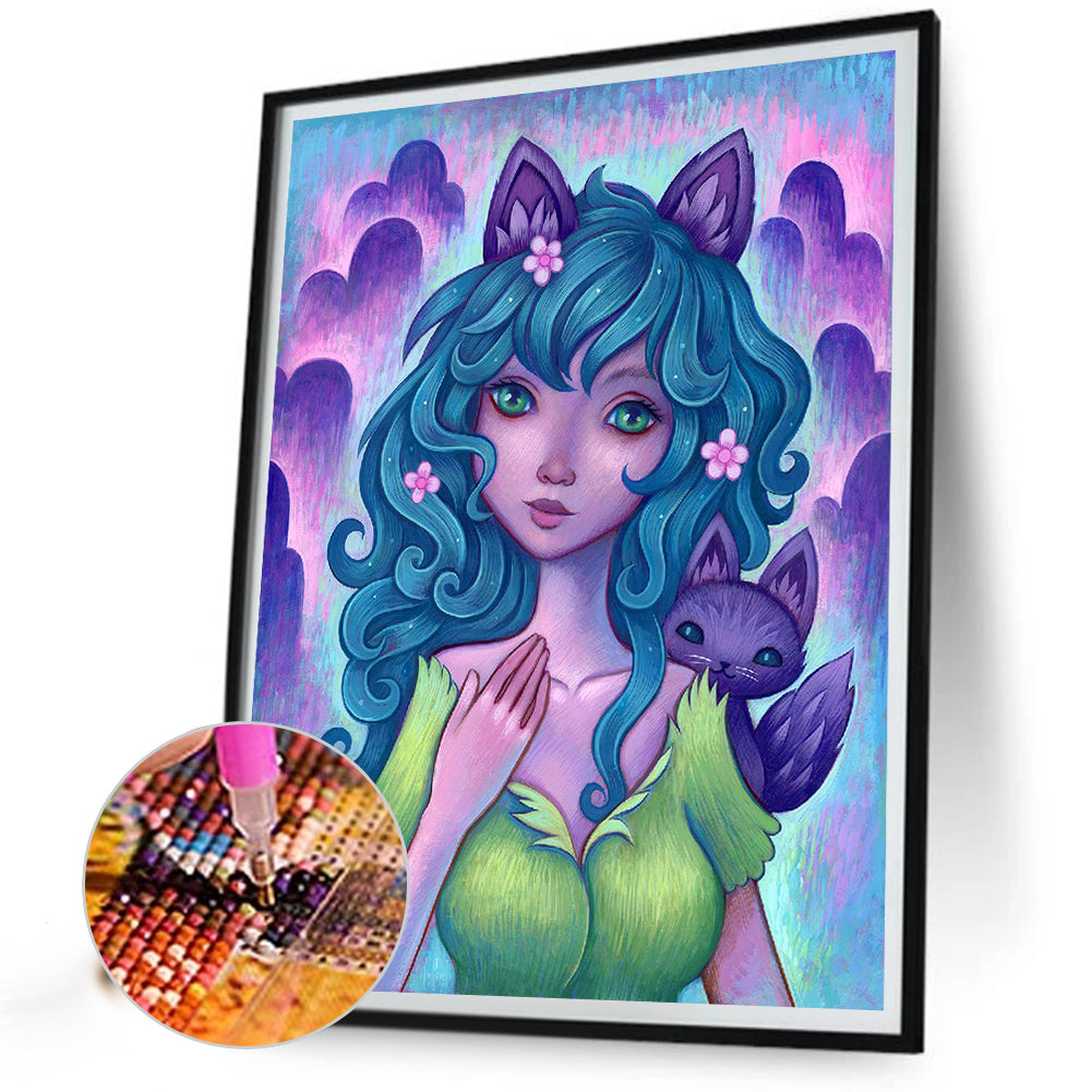 Cartoon Girl With Curly Hair - Full Round Drill Diamond Painting 30*40CM