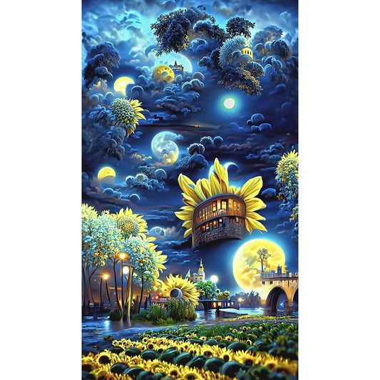 Sunflower Garden Under The Moon - Full Round Drill Diamond Painting 40*70CM