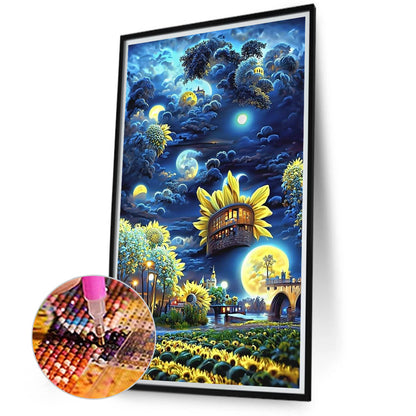 Sunflower Garden Under The Moon - Full Round Drill Diamond Painting 40*70CM