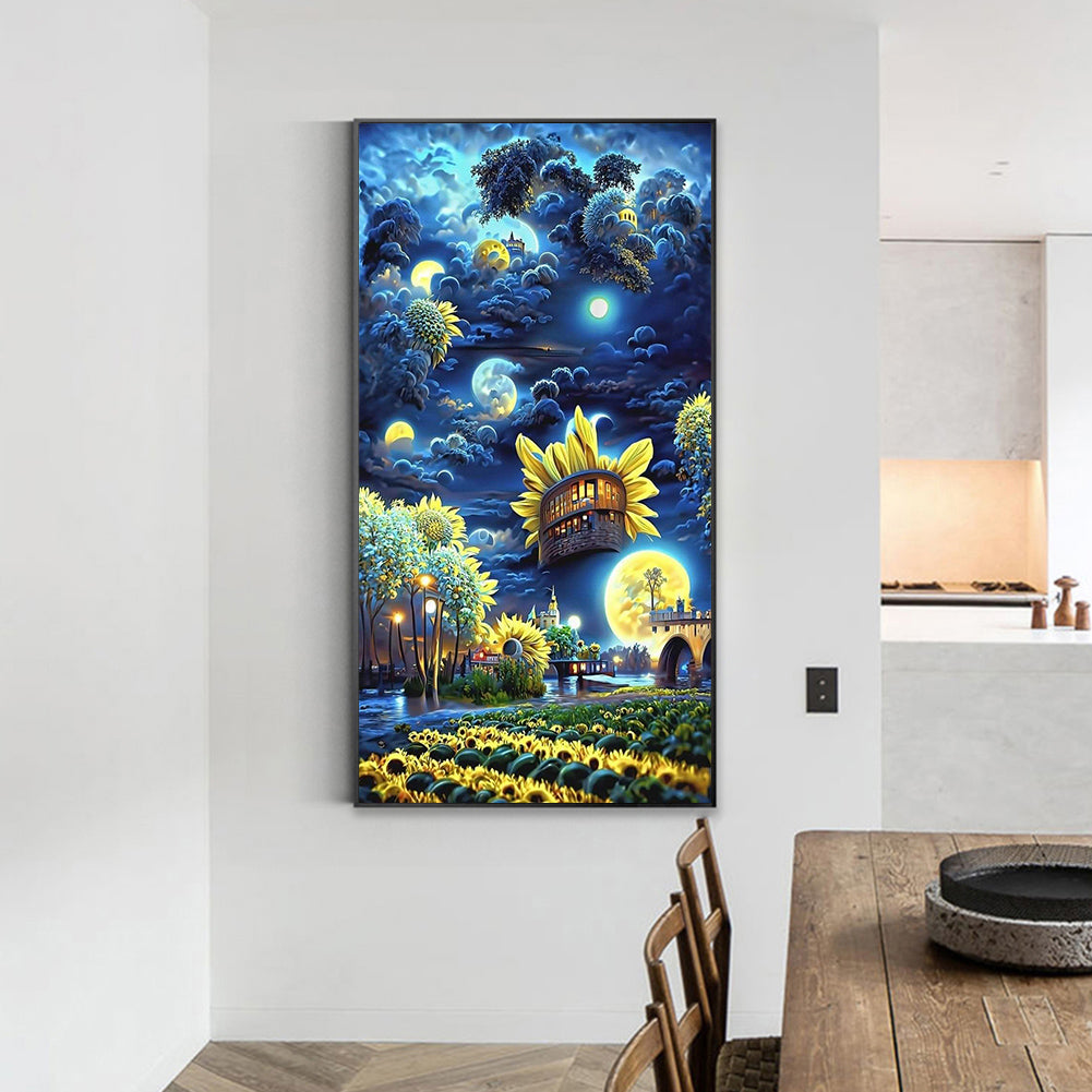 Sunflower Garden Under The Moon - Full Round Drill Diamond Painting 40*70CM