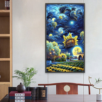 Sunflower Garden Under The Moon - Full Round Drill Diamond Painting 40*70CM