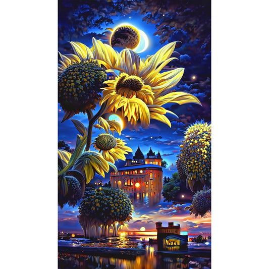 Sunflower Garden Under The Moon - Full Round Drill Diamond Painting 40*70CM