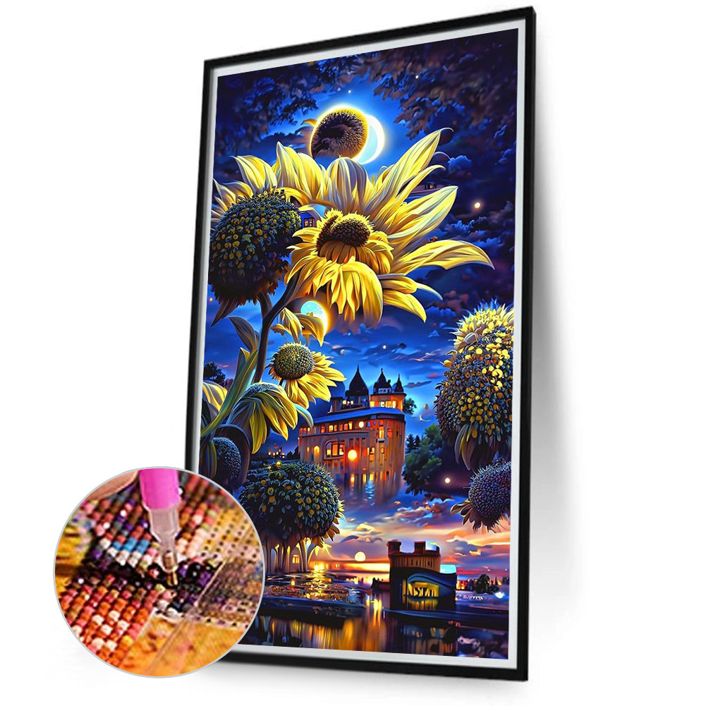 Sunflower Garden Under The Moon - Full Round Drill Diamond Painting 40*70CM