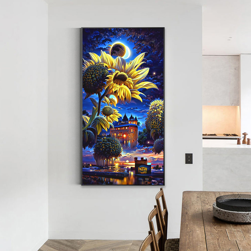 Sunflower Garden Under The Moon - Full Round Drill Diamond Painting 40*70CM