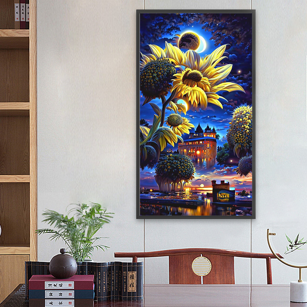 Sunflower Garden Under The Moon - Full Round Drill Diamond Painting 40*70CM