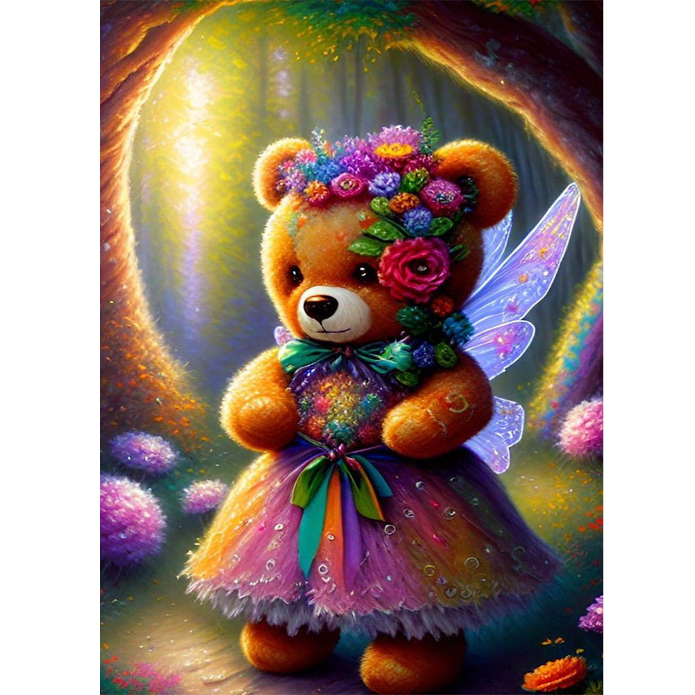 Wearing Flower Teddy Bear - Full Round Drill Diamond Painting 30*40CM