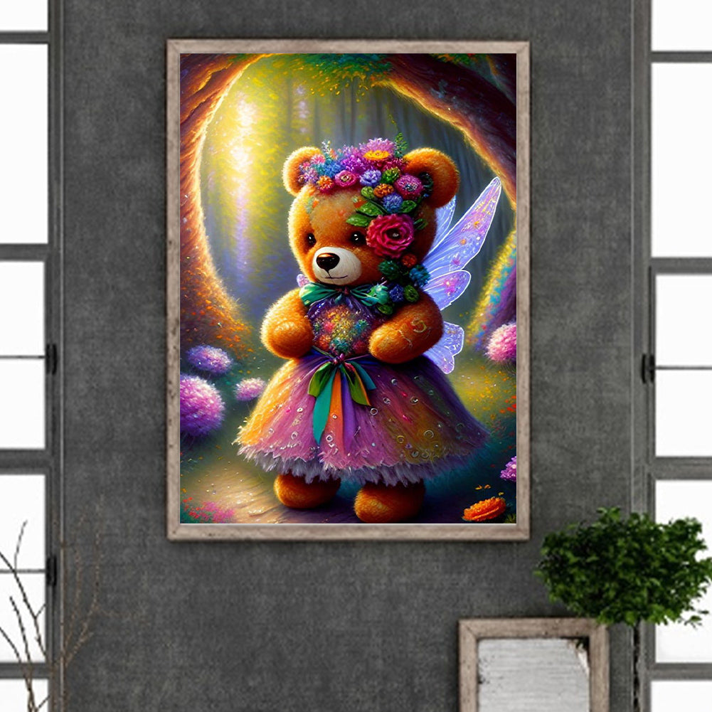 Wearing Flower Teddy Bear - Full Round Drill Diamond Painting 30*40CM