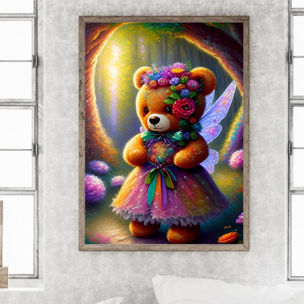 Wearing Flower Teddy Bear - Full Round Drill Diamond Painting 30*40CM