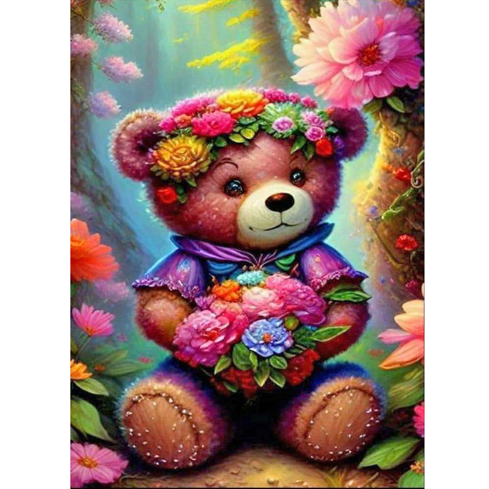 Wearing Flower Teddy Bear - Full Round Drill Diamond Painting 30*40CM