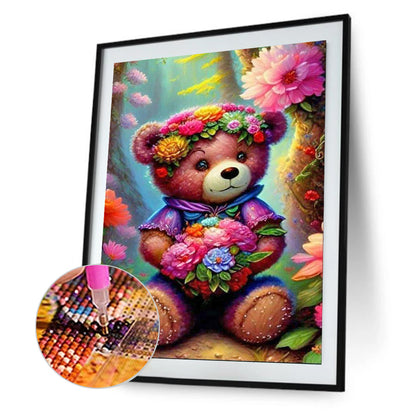 Wearing Flower Teddy Bear - Full Round Drill Diamond Painting 30*40CM