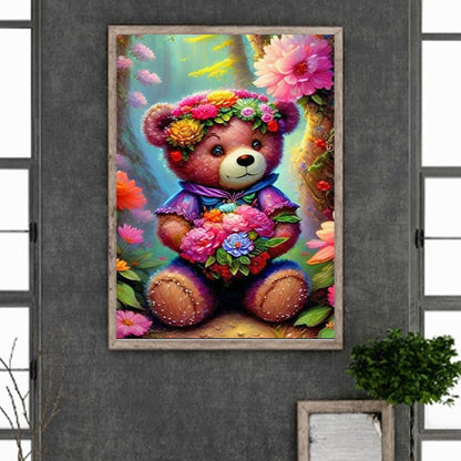 Wearing Flower Teddy Bear - Full Round Drill Diamond Painting 30*40CM