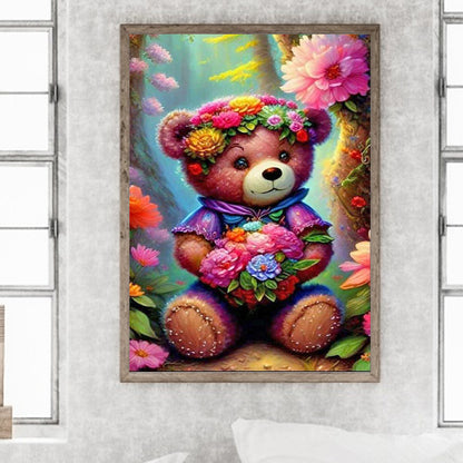 Wearing Flower Teddy Bear - Full Round Drill Diamond Painting 30*40CM